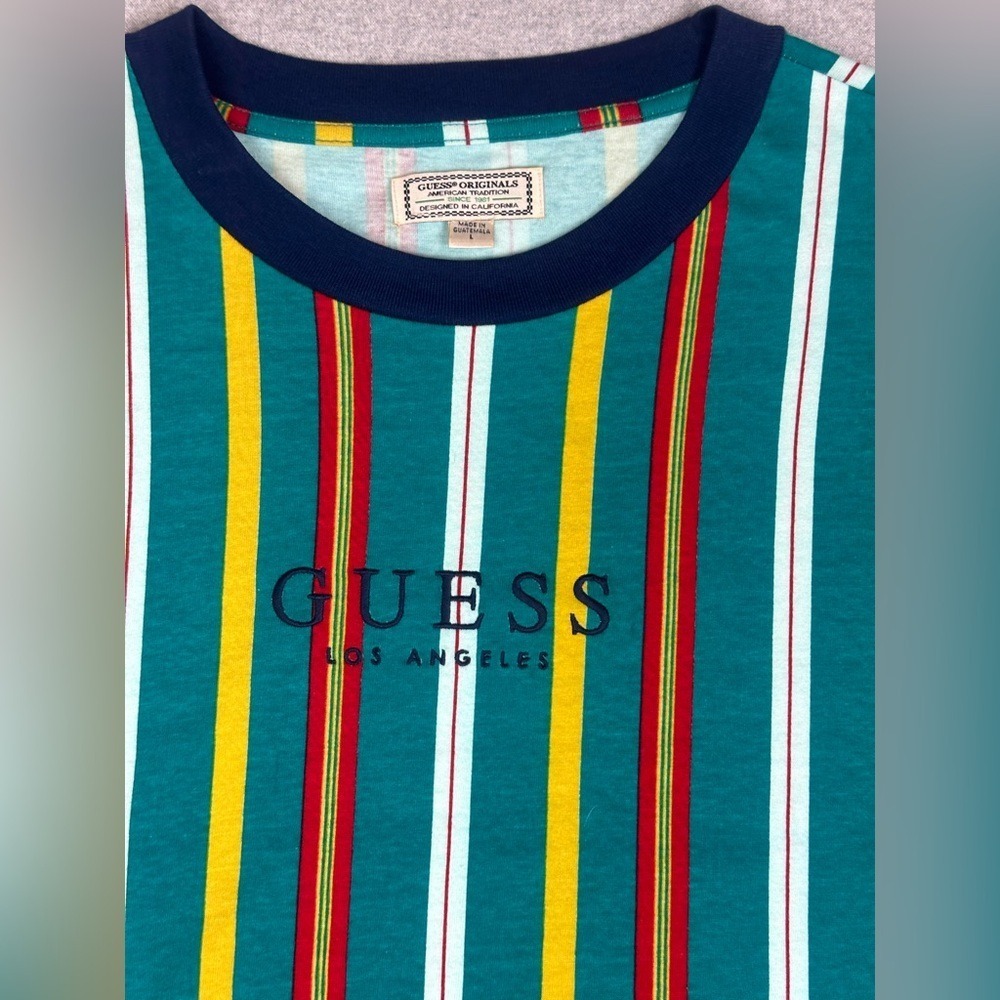 Guess Shirt Mens Large Originals Striped Short Sleeve Cotton Tee Vintage Green
